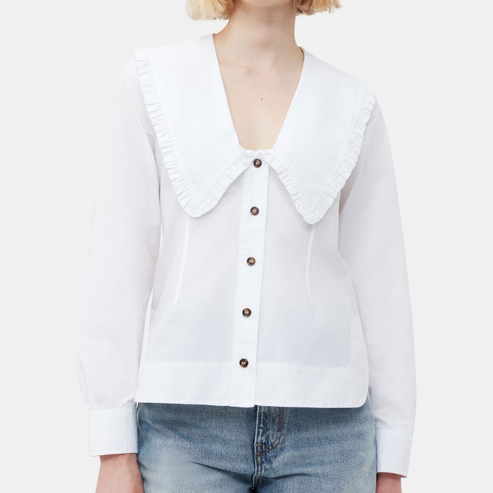 GANNI Cotton Poplin V-neck Frill Collar Shirt